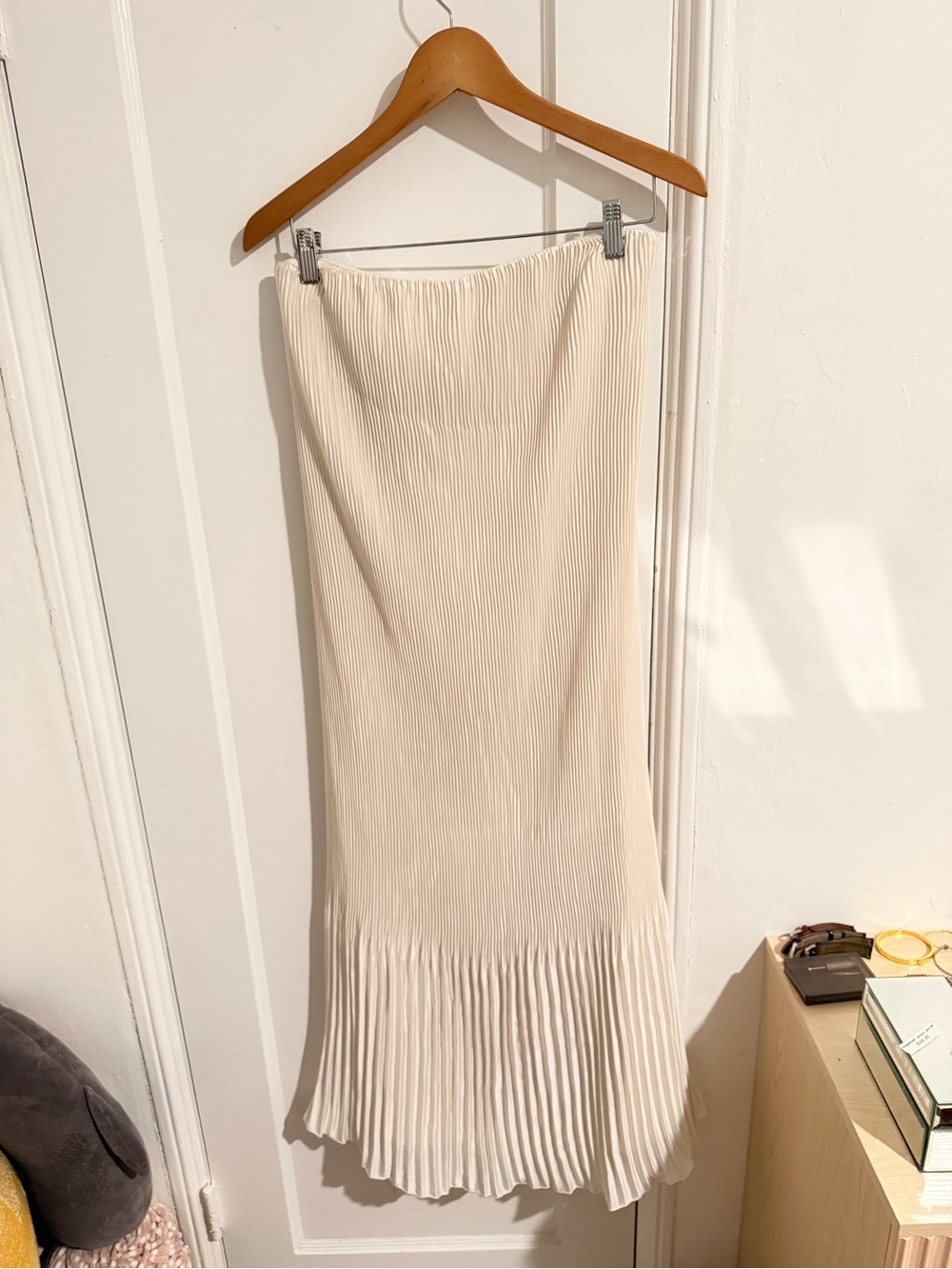 Off White Pleated Midi Strapless Dress